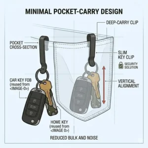 Two-part magnetic key clip system showing the effortless detachment of a house key from a main keyring.