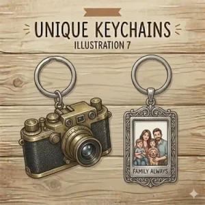 Two unique keychains featuring a polished silver metal frame enclosing a custom printed family photograph.