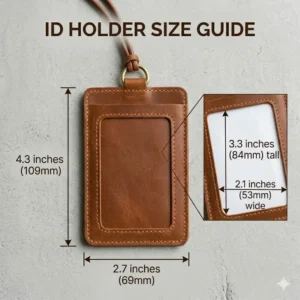 A technical drawing showing the exact height and width dimensions of a standard id holder leather.