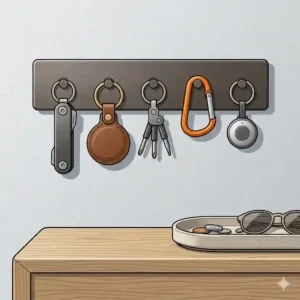 A flat-lay illustration of home entryway key accessories, showing a modern wall-mounted magnetic key rack holding various keychains seamlessly.