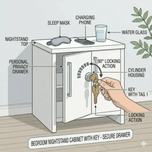 8: Vector illustration showing a hand turning a brass metallic item to secure a dual-door supply cabinet with key lock.
