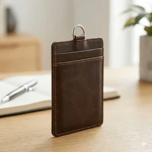 A slim-profile id badge card holder leather showing its thin design for comfortable daily wear.