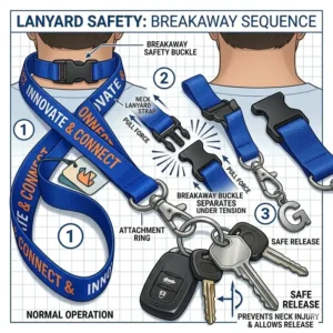 Exploded view illustration of a breakaway key ring lanyard clasp snapping apart for neck safety protection.