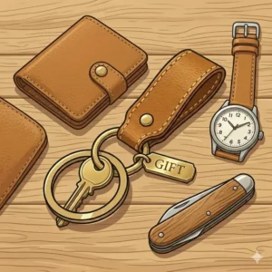 A flat lay illustration of a men's leather key chain alongside a wallet, watch, and pocket knife.
