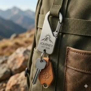 A durable carabiner-style keychain attached to a backpack strap, illustrating functional ways to carry the most awesome keychains.