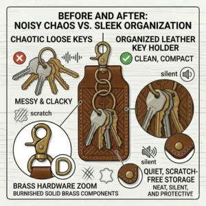 A side by side comparison illustrating a chaotic noisy keychain versus a sleek quiet organized leather key holder.
