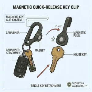 Illustration of a heavy-duty key clip managing multiple split rings for home, office, and vehicle keys.