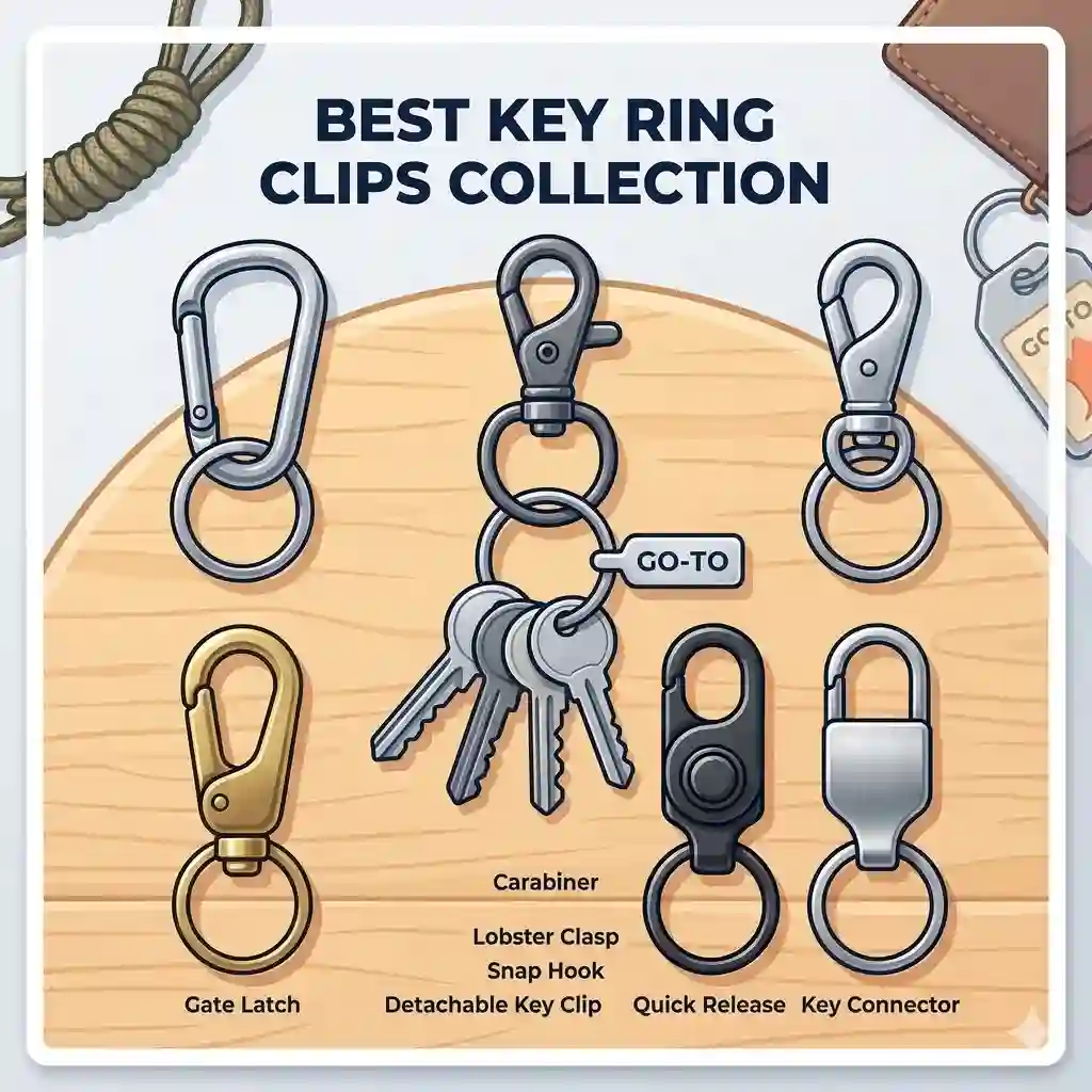 A variety of durable metal key ring clips arranged neatly on a wooden surface, highlighting different styles and sizes.
