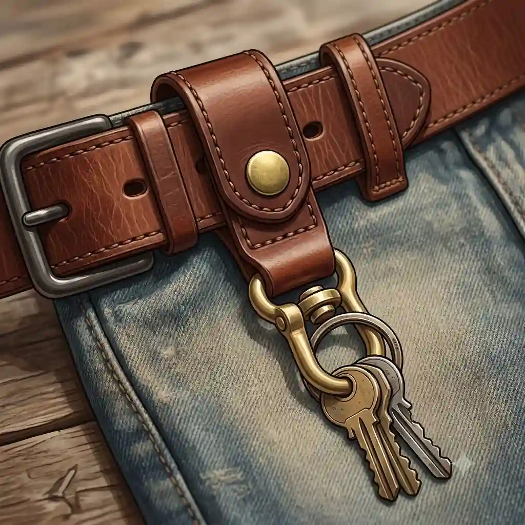 A premium brown leather belt key holder with a heavy-duty brass snap loop attached to a man's leather belt.
