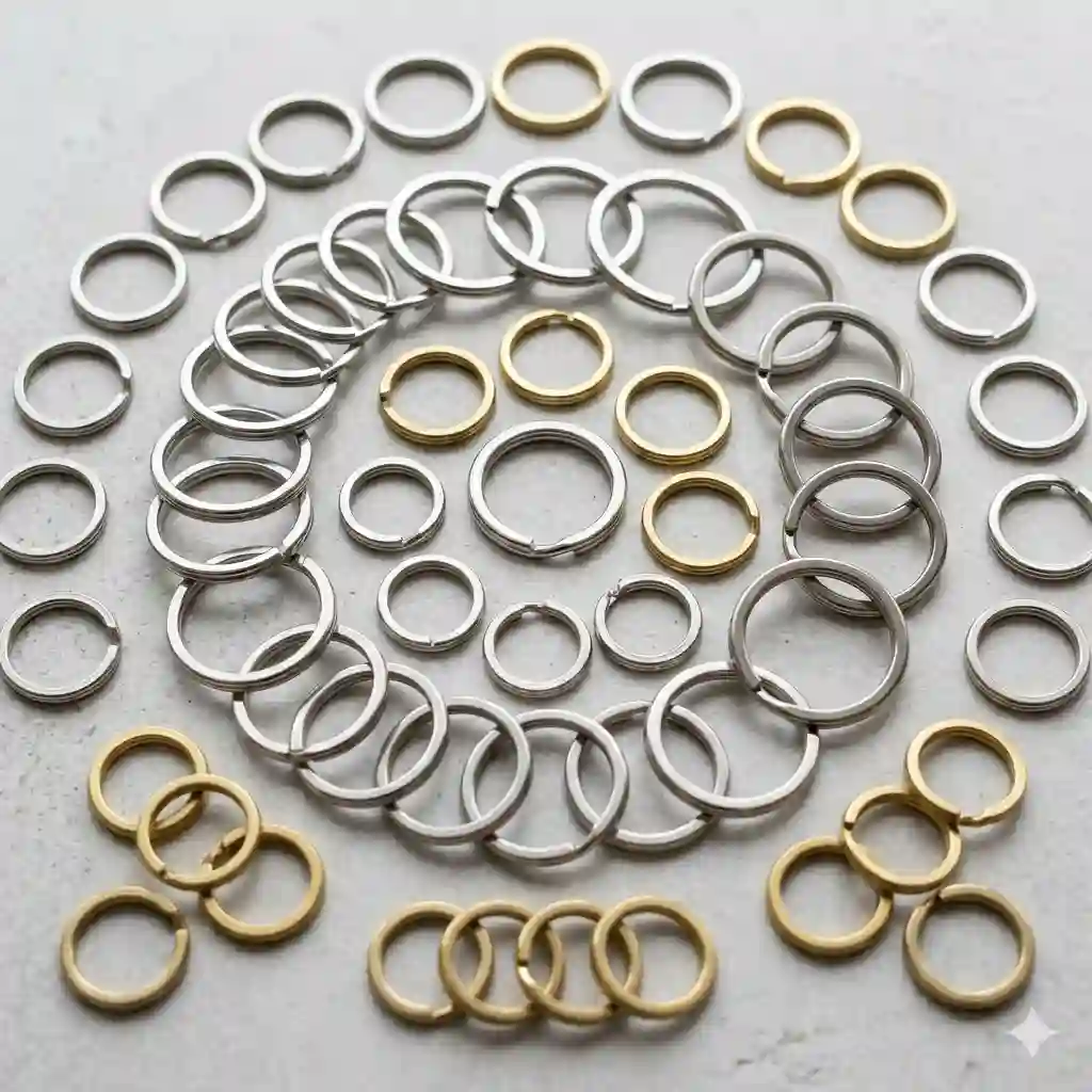 An assortment of durable metal split key rings in silver and gold finishes arranged on a clean background.
