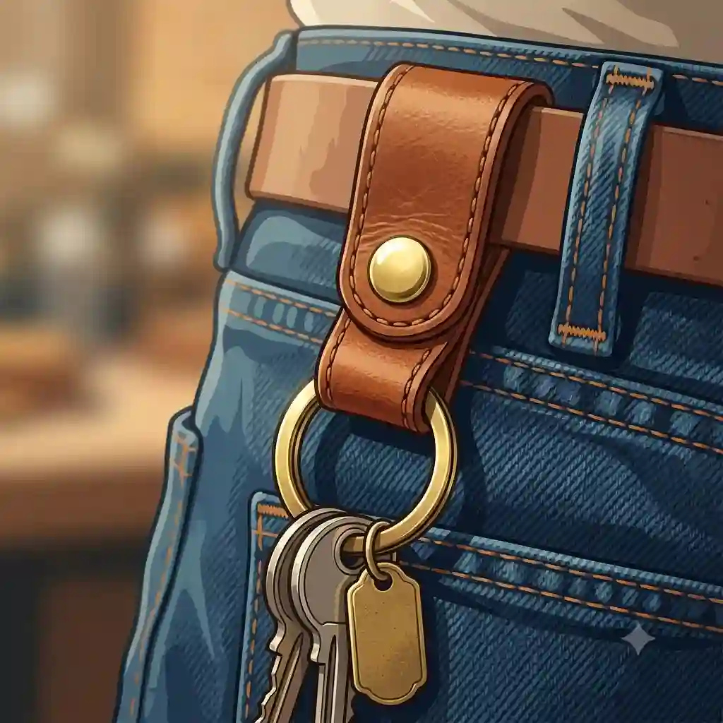 Brown leather belt loop key holder attached to a denim waistband holding a set of house keys.