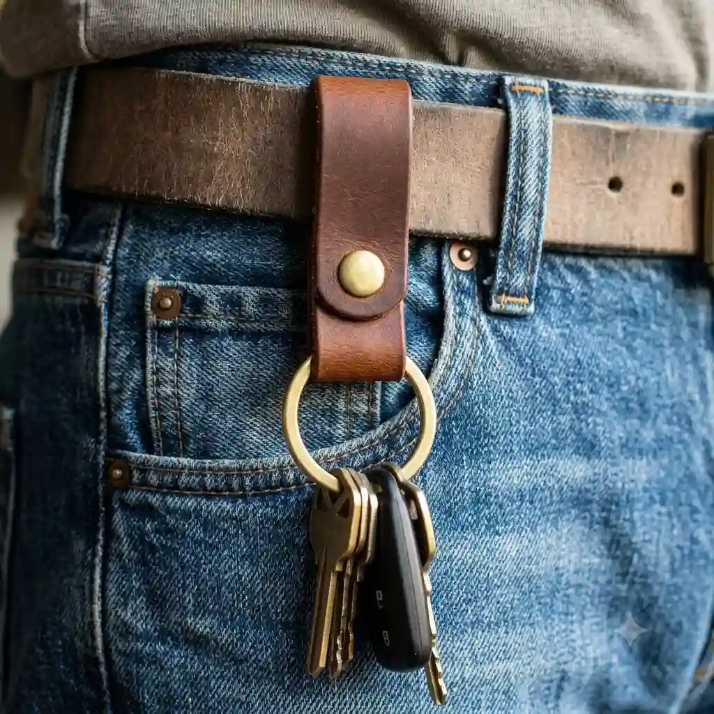 A close-up of a brown leather belt loop keychain attached to a person's jeans, holding a set of car keys.