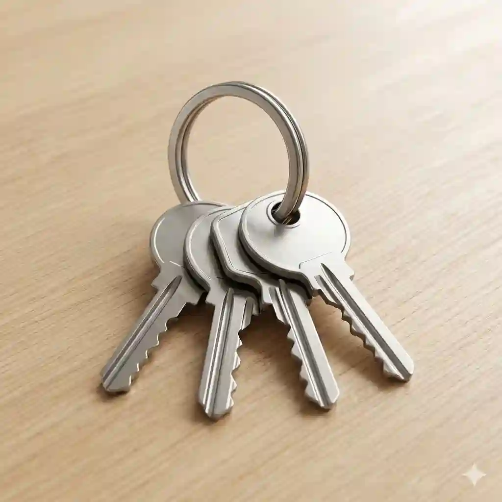 A durable stainless steel ring key ring holding a set of house keys on a wooden table.
