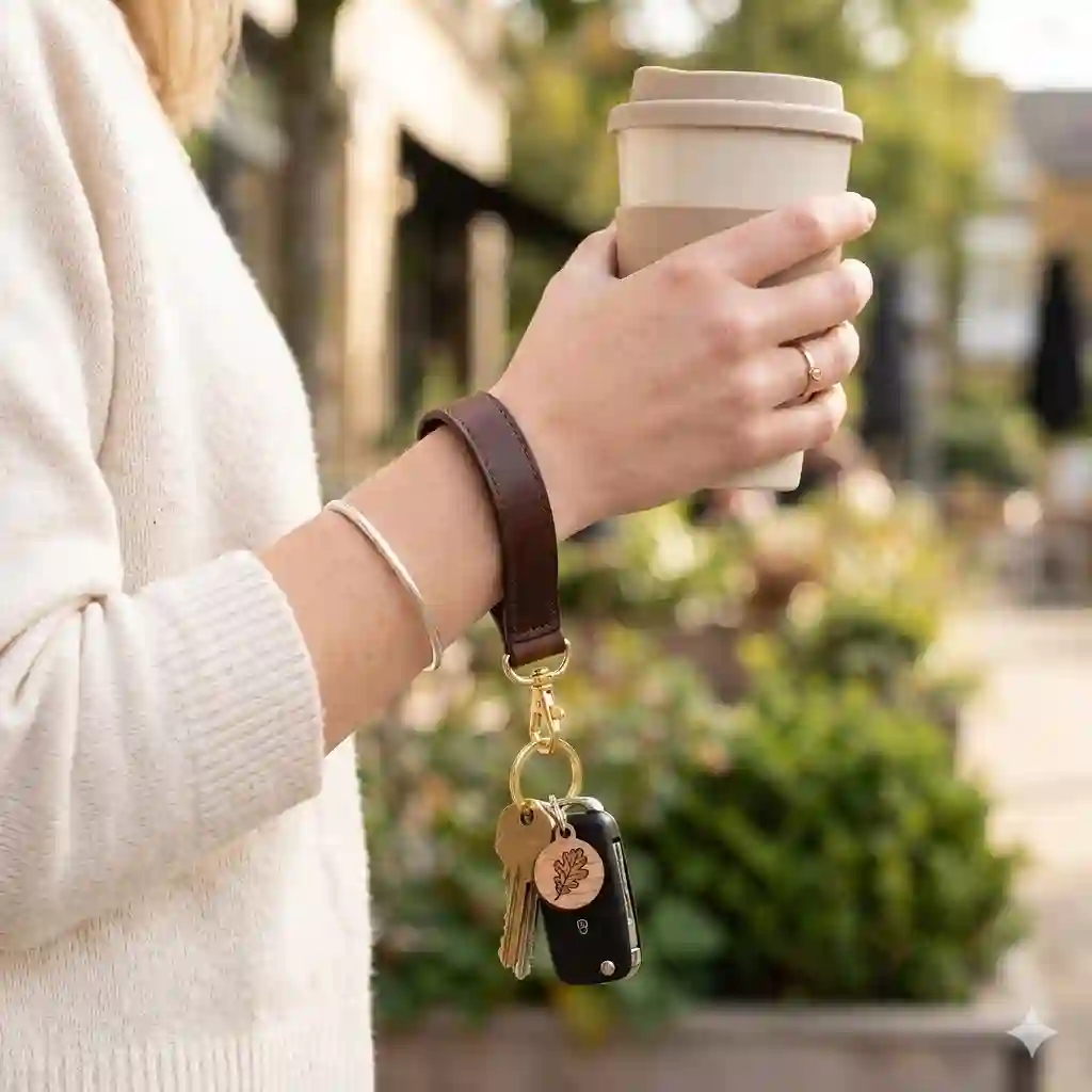 A woman wearing a brown leather wrist key ring.