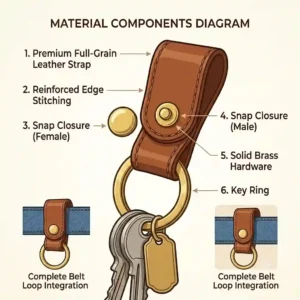Diagram showing the premium hardware and full-grain leather components of a belt loop key holder.