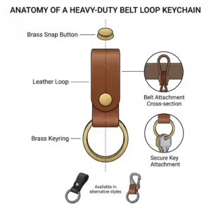 An illustrated diagram showing the anatomy of a heavy-duty belt loop keychain, highlighting the snap button and stainless steel key ring.