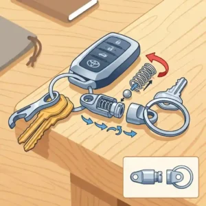 An illustration showing the internal spring mechanism of a quick release key ring snapping into place.