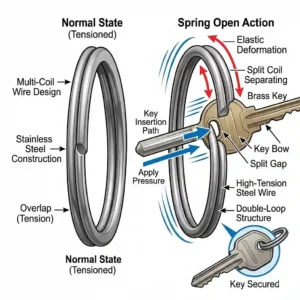 A technical illustration demonstrating the double-loop design and spring mechanism of a stainless steel split key ring.