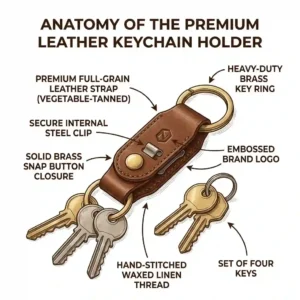 Labeled diagram showing the anatomy of a handmade leather keychain holder, highlighting the full-grain leather strap and heavy-duty metal key ring.