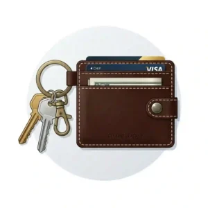 An illustrated diagram detailing the features of a leather keychain wallet, including the heavy-duty key ring, snap closure, and RFID-blocking liner.