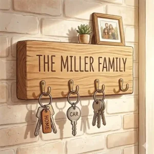 Minimalist style personalized key holder for wall hanging with sleek metal hooks and a custom monogram.