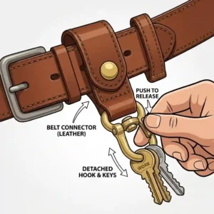 An instructional illustration showing the quick-release detachable clip mechanism of a tactical belt key holder.