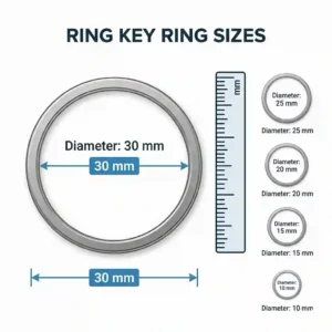 A measurement guide illustration showing different diameters of a metal ring key ring in millimeters.