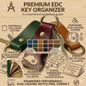 An illustration displaying the variety of available colors and textures for the full-grain leather key ring holder.