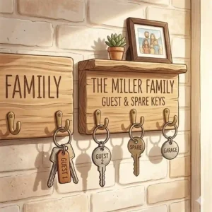 An illustrated custom personalized key holder rack featuring two interlocking puzzle pieces, designed for couples.
