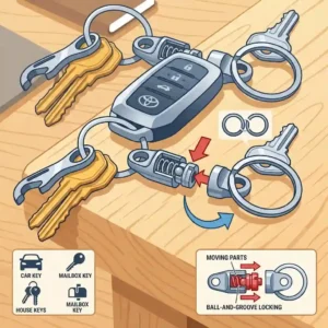 A step-by-step vector illustration demonstrating how to separate keys using a quick release key ring.