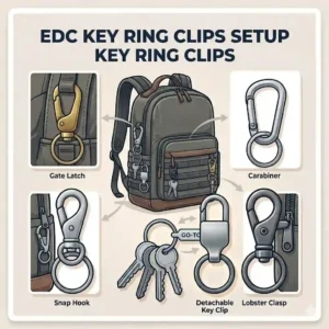 A step-by-step vector illustration showing how to slide and secure a duty belt key holder onto a standard 2-inch tactical belt.