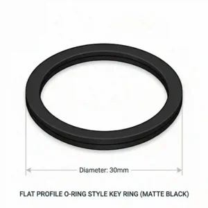 A modern flat-edged black matte ring key ring graphic against a white background.