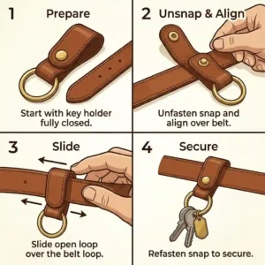 Illustration demonstrating how to slide a snap-button belt loop key holder onto a leather belt loop.