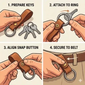 Graphic illustration showing how to attach keys and secure the leather keychain holder to a belt loop.