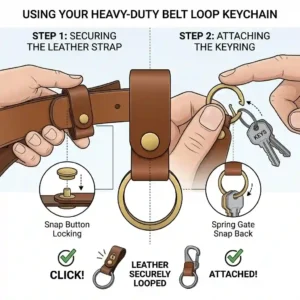 Graphic illustration demonstrating how to securely clip a belt loop keychain around a standard leather belt.