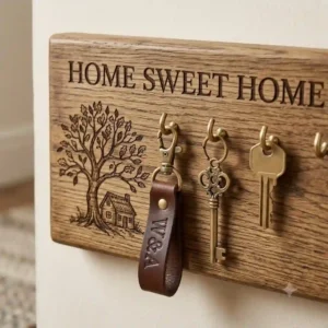 Close-up of a rustic wood engraved key chain holder custom designed for families.