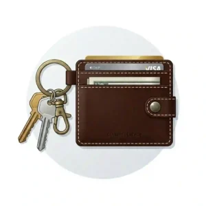 Vector illustration showing how many cards, folded cash bills, and keys comfortably fit inside a slim leather keychain wallet.