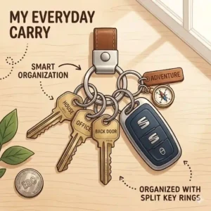 A well-organized modern keychain utilizing multiple split key rings to hold keys and a car fob.