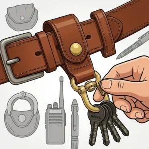 A durable black nylon tactical belt key holder with a secure metal carabiner designed for law enforcement duty belts.