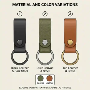 An illustration showcasing a variety of belt loop keychain styles, including black leather, tan leather, and tactical nylon options.