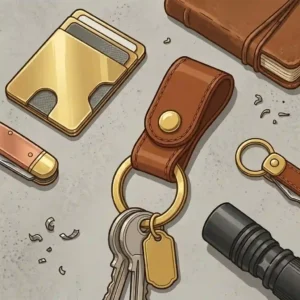 Everyday carry flat lay featuring a minimalist wallet, pocket knife, and a black belt loop key holder.