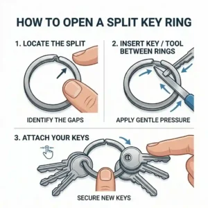 A 3-step diagram illustrating how to easily open a split ring key ring without hurting your fingernails.