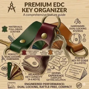 A step-by-step illustration demonstrating how to attach keys to the modern leather key ring holder, showing a capacity of up to six keys.