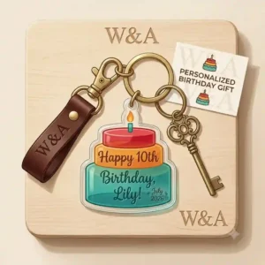 Colorful acrylic key chain holder custom shaped as a personalized birthday gift.