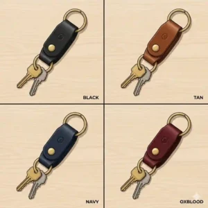 A variety of leather key chain holder styles and color options including classic black, vintage tan, and dark brown leather keychain holder.