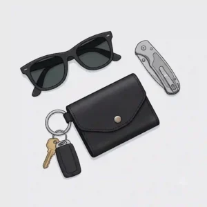 Minimalist flat lay illustration of a men's everyday carry setup featuring a pocket knife, sunglasses, and a black leather keychain wallet.