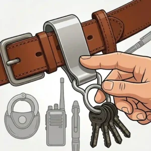 A sleek, minimalist stainless steel belt key holder clip sliding smoothly onto a slim everyday carry belt.