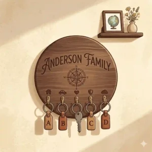 A stylized illustration of a personalized key holder displaying a family name and a sweet "Home Sweet Home" quote.