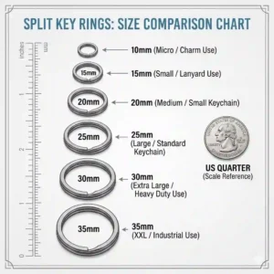 A size comparison chart showing various diameters of metal split key rings next to a coin for scale.