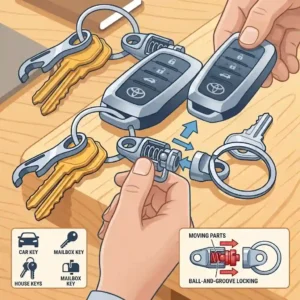 An illustration of a driver easily detaching their car key from a quick release key ring to hand over to a valet.